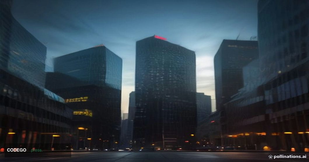 A photorealistic editorial photograph of a grand, modernist Chinese financial district at dusk, captured from a low wide-angl