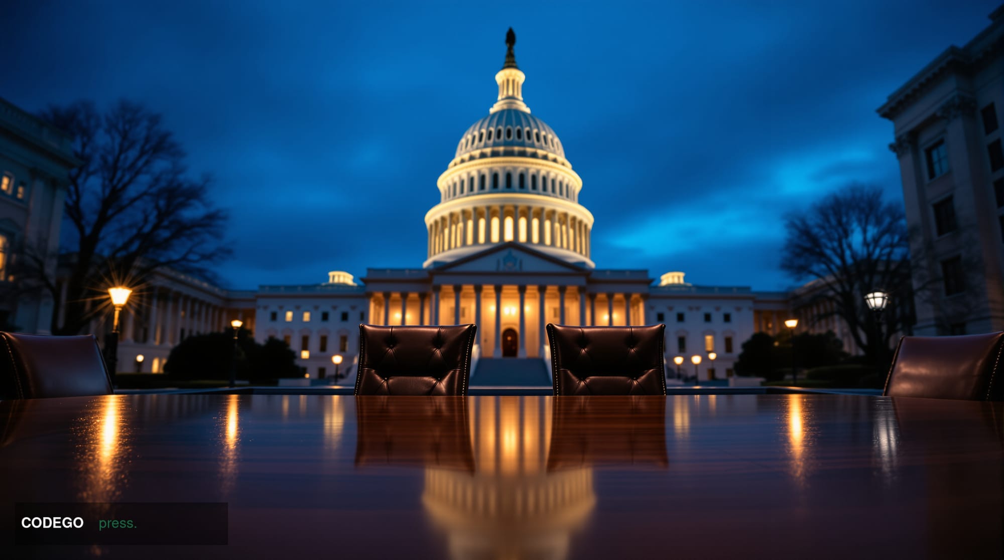 A wide-angle cinematic shot of the United States Capitol building's neoclassical white marble dome viewed from the east front