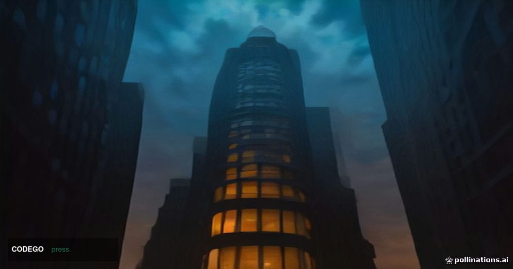 A cinematic editorial photograph shot from a low angle looking up at a sleek modern financial technology office building in S