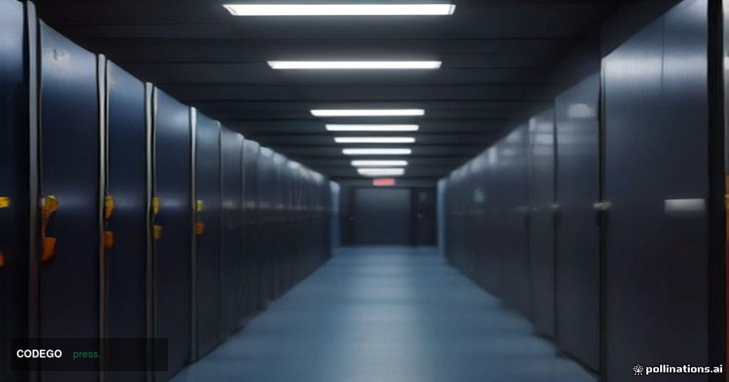 A dramatic cinematic editorial photograph of a government data center corridor at night, shot from a low angle looking down a