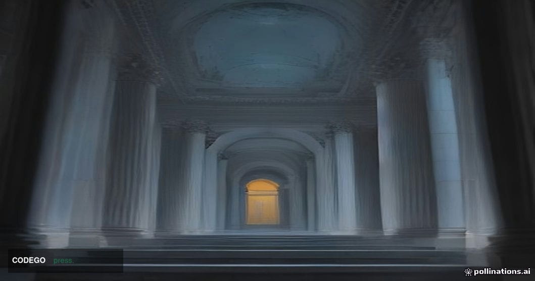 A dramatic cinematic editorial photograph shot from street level looking up at a grand neoclassical government building facad