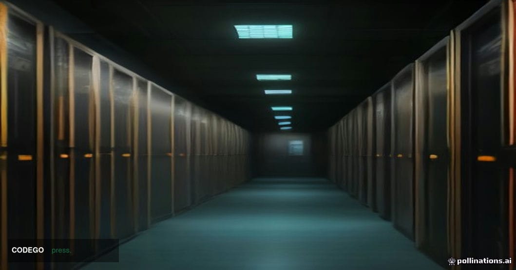 A dimly lit server room corridor shot from a low camera angle looking upward toward rows of glowing rack-mounted hardware, ca