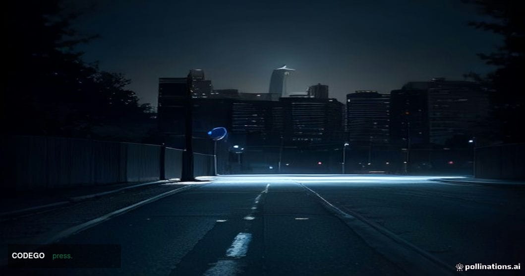 A cinematic editorial photograph taken from a low angle looking up at a dimly lit urban street corner in St. Louis, Missouri,