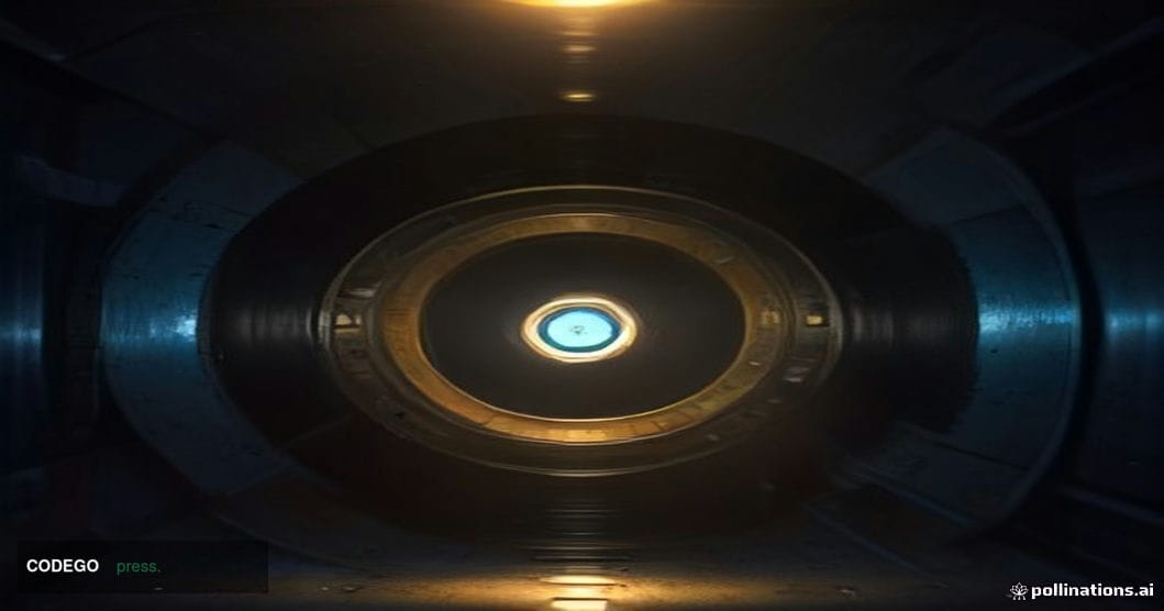 A dimly lit, cinematic close-up of a reinforced bank vault door shot from a low angle, its polished steel wheel and locking b