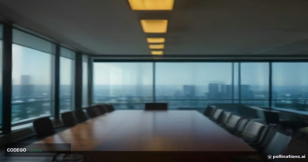 A cinematic editorial photograph set inside a sleek, modern bank executive boardroom in Pittsburgh, Pennsylvania, viewed from