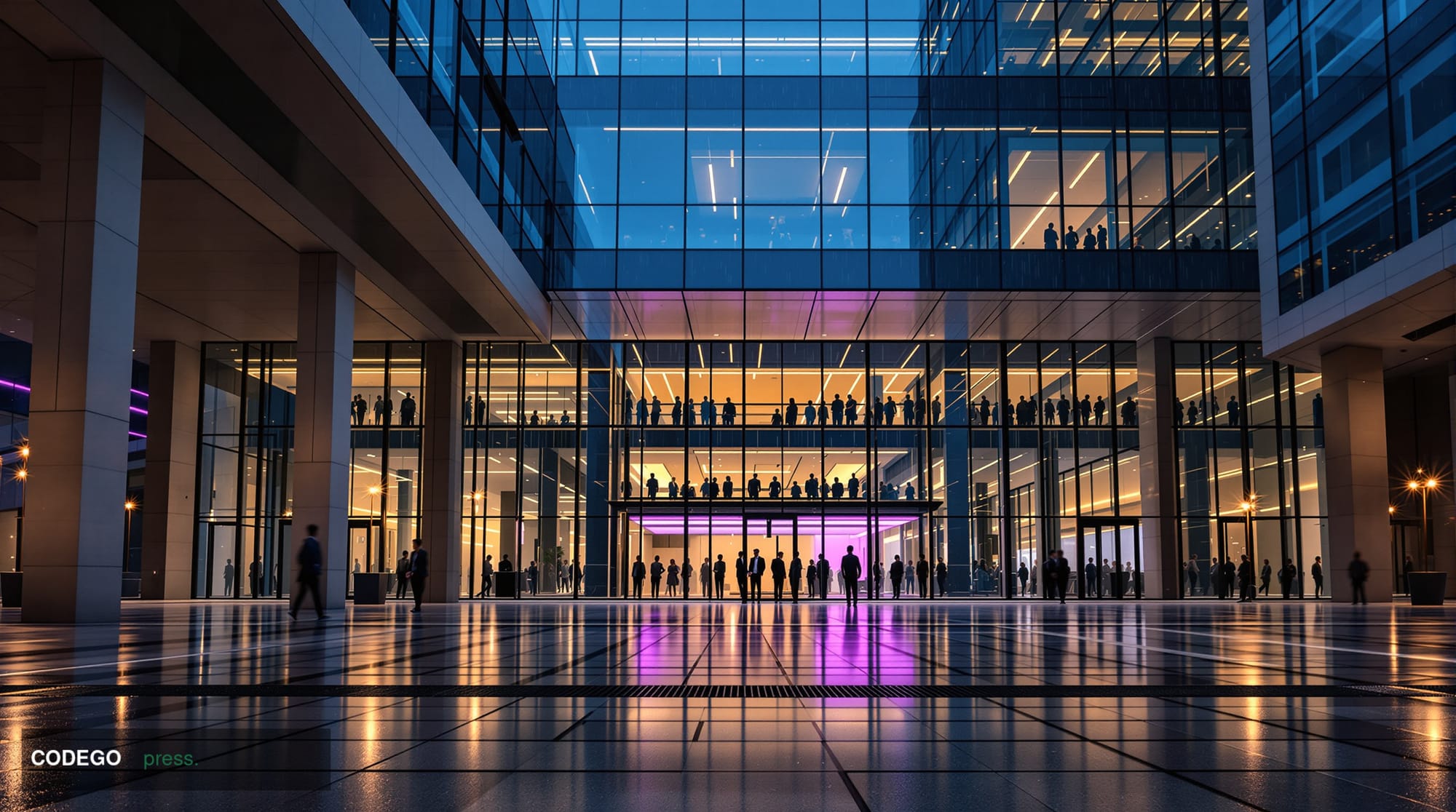 A cinematic editorial photograph of a modern glass-and-steel financial technology campus located in a distinctly American urb