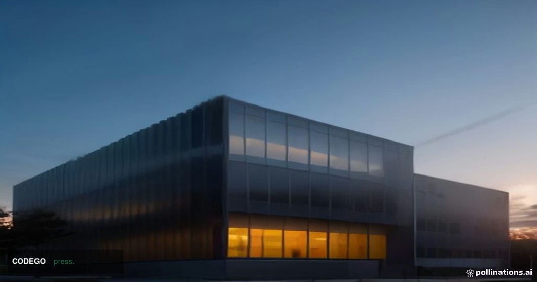 A dramatic low-angle exterior shot of a sleek San Francisco-style glass and steel tech campus at dusk, representing a blockch