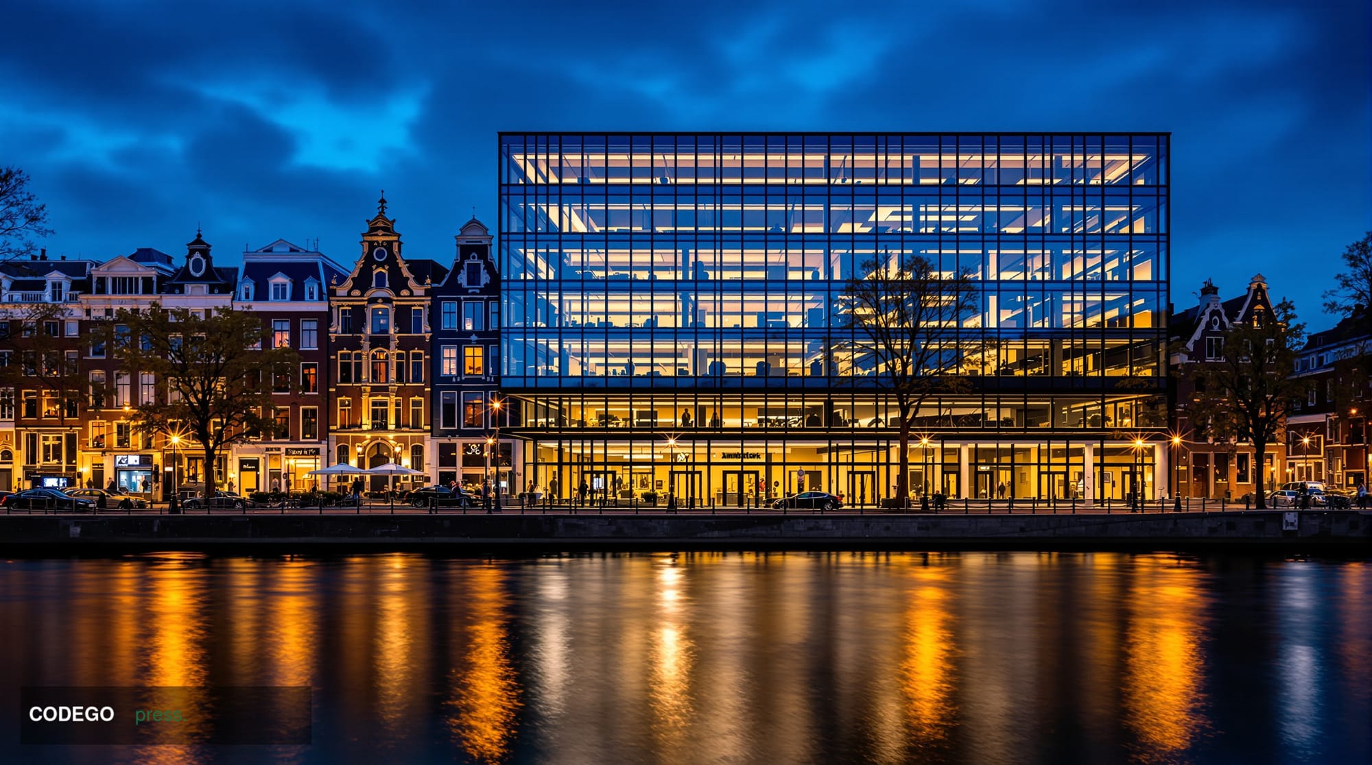 A photorealistic cinematic editorial photograph of the historic Amsterdam financial district along the Herengracht canal at d