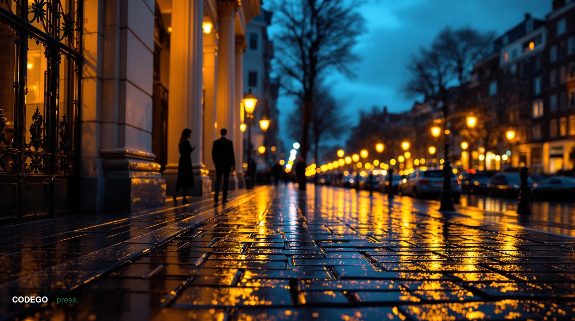 A cinematic editorial photograph set in Amsterdam's financial district at dusk, featuring the grand neoclassical stone facade