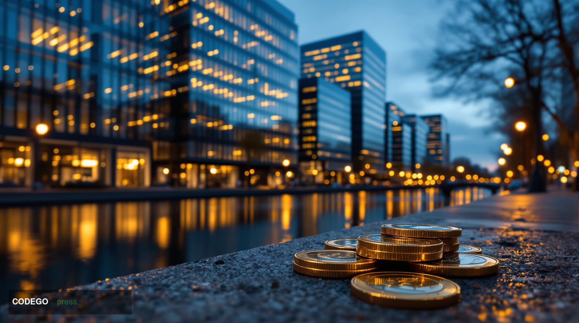 A cinematic editorial photograph set in Amsterdam's financial district at dusk, with the iconic glass-and-steel facades of Du