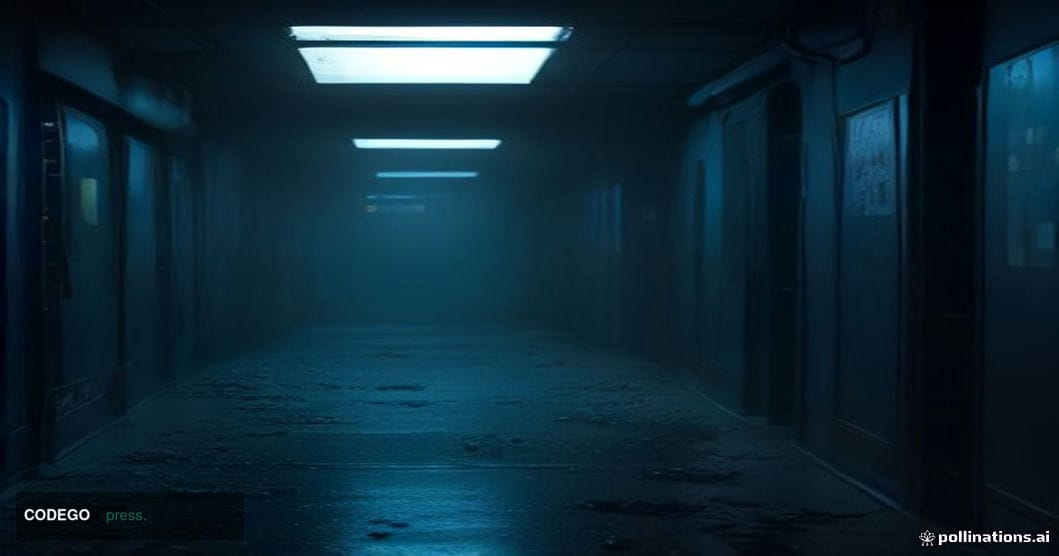A dramatic cinematic editorial photograph of a shattered digital vault door lying open in a darkened underground server corri