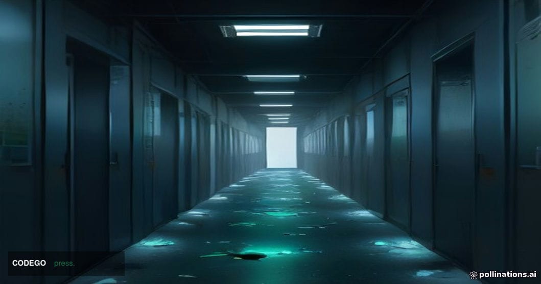 A dramatic cinematic editorial photograph of a sleek data center corridor bathed in deep blue and amber emergency lighting, w