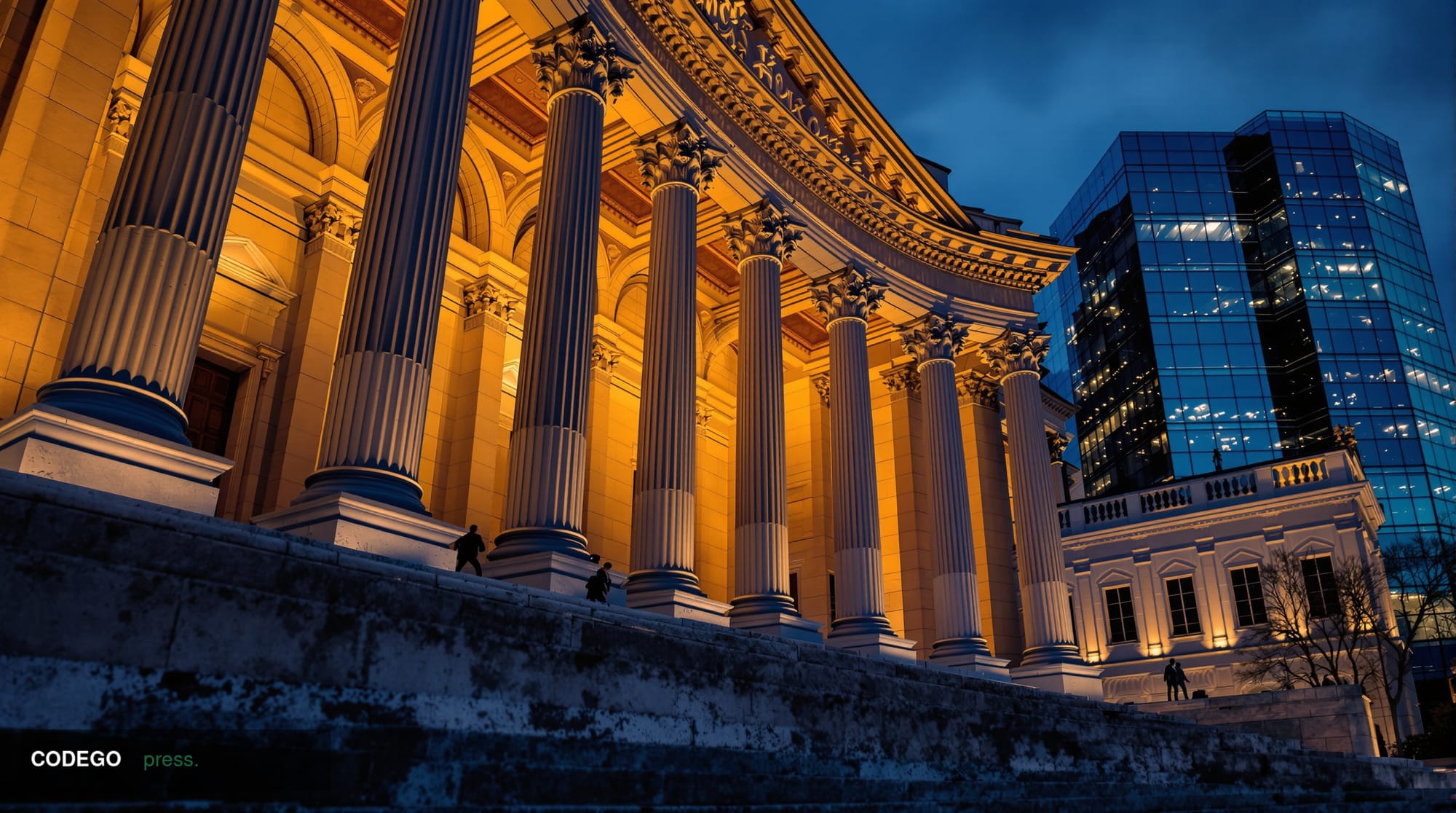 A grand neoclassical federal bank building exterior photographed at dusk from a low angle, its imposing stone columns and mar