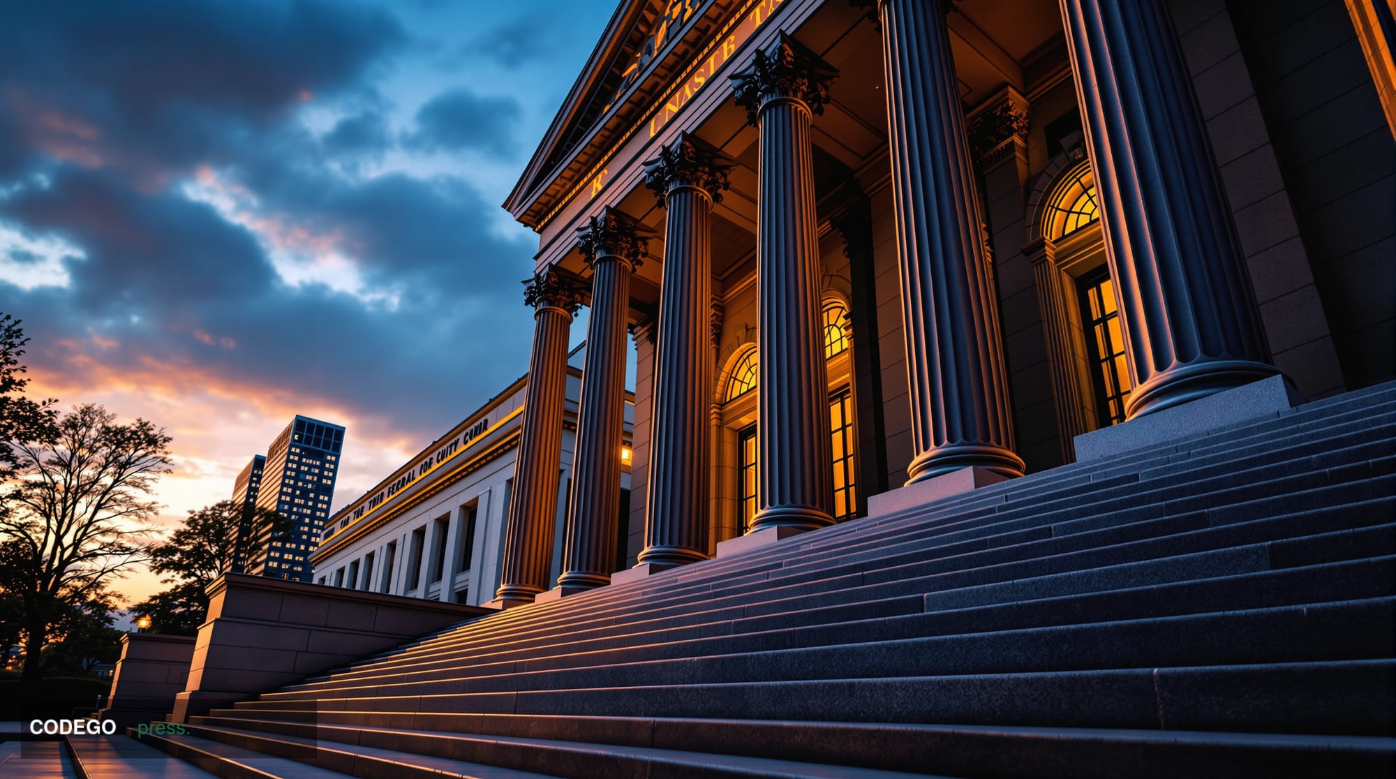 A sweeping low-angle photorealistic editorial photograph of a neoclassical granite federal banking regulatory building exteri