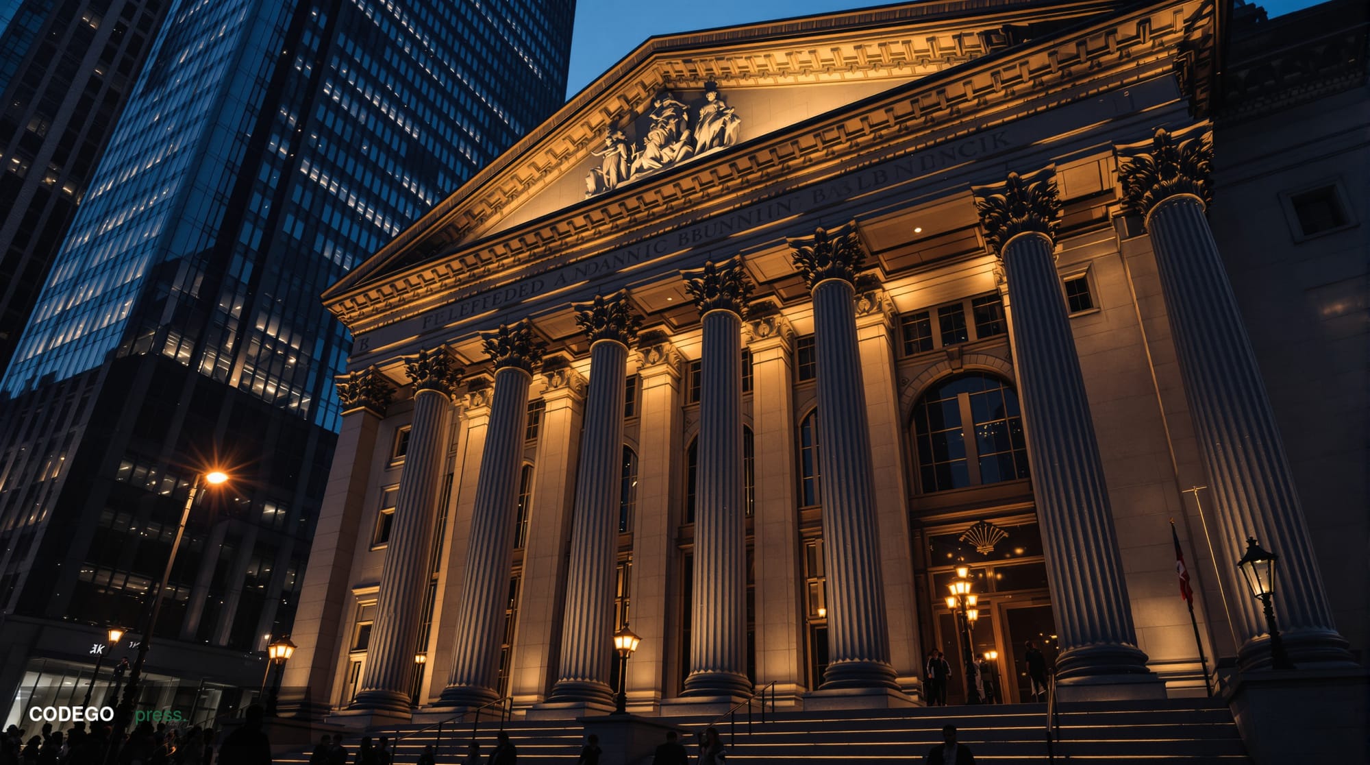 A dramatic low-angle shot of a grand neoclassical federal banking building facade at dusk, shot from street level looking upw
