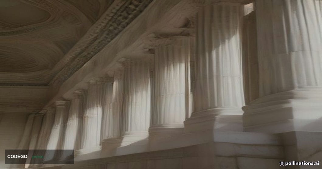 A cinematic editorial photograph shot from a low angle looking upward at the neoclassical stone columns and glass facade of a
