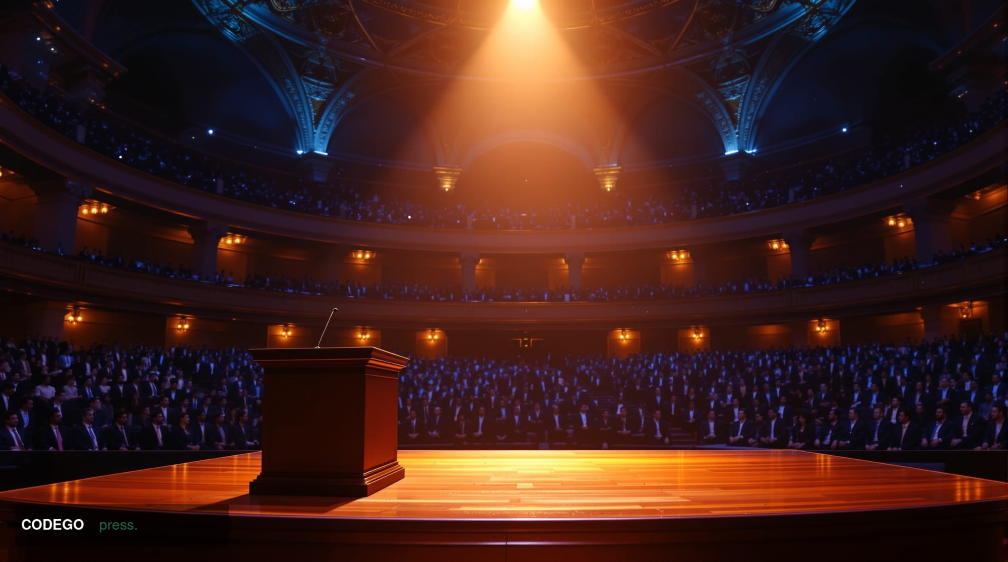 A cinematic editorial photograph set inside a grand Indian financial institution conference hall in Mumbai, evoking the gravi