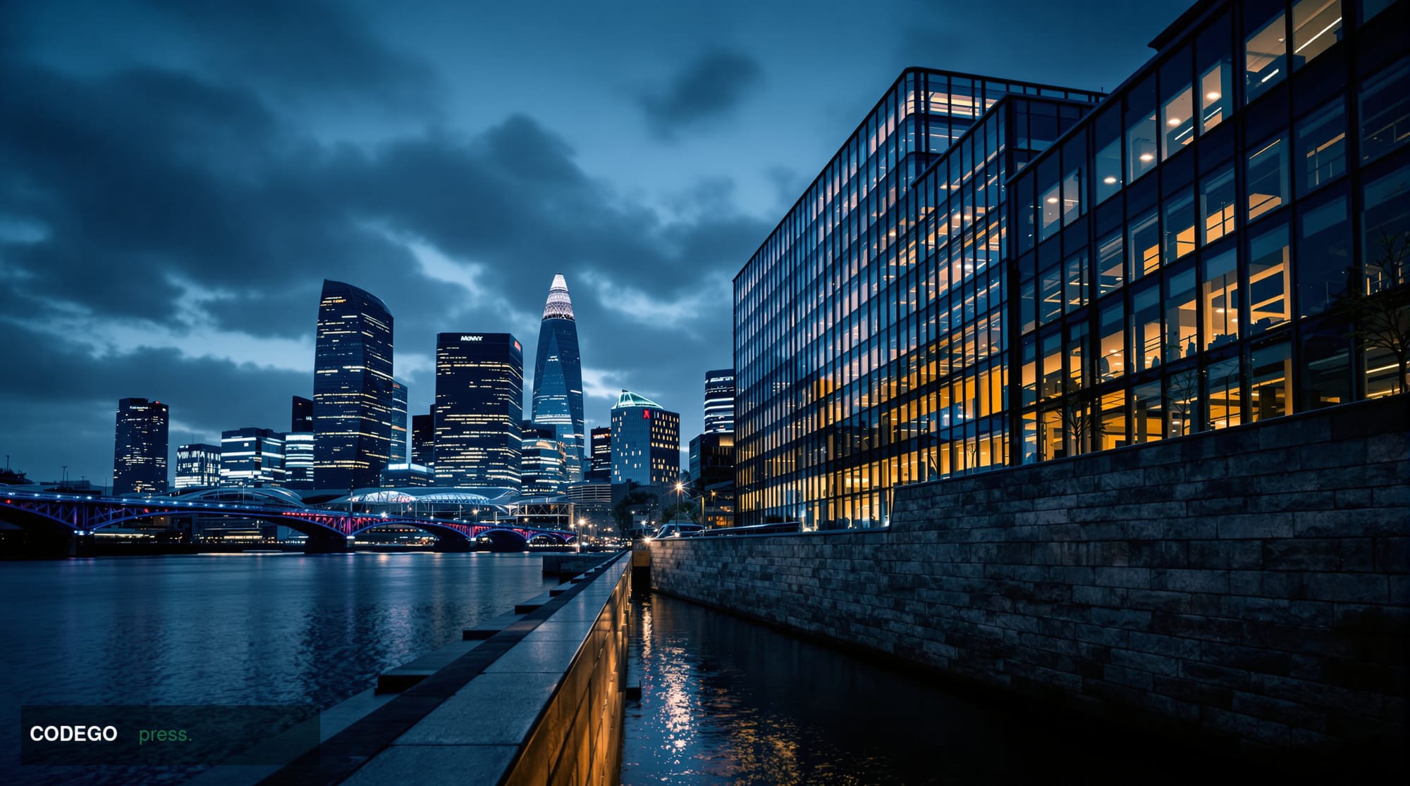 A dramatic wide-angle cinematic shot of the Thames riverbank at dusk, with the iconic City of London skyline in the backgroun