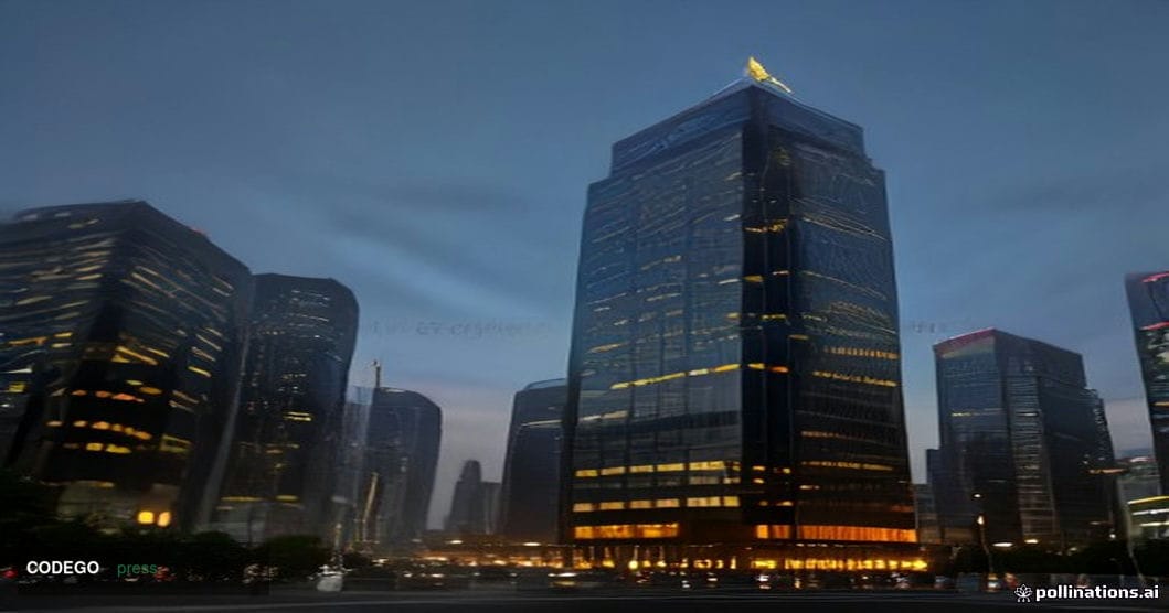 A cinematic editorial photograph of a gleaming modern glass-and-steel financial district building in Manila, Philippines, wit