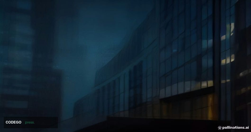 A dramatic cinematic editorial photograph of a sleek, modern glass-and-steel financial district building in London, shot at d