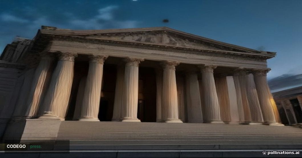 A photorealistic cinematic editorial photograph of a grand neoclassical federal banking institution exterior at dusk, shot fr