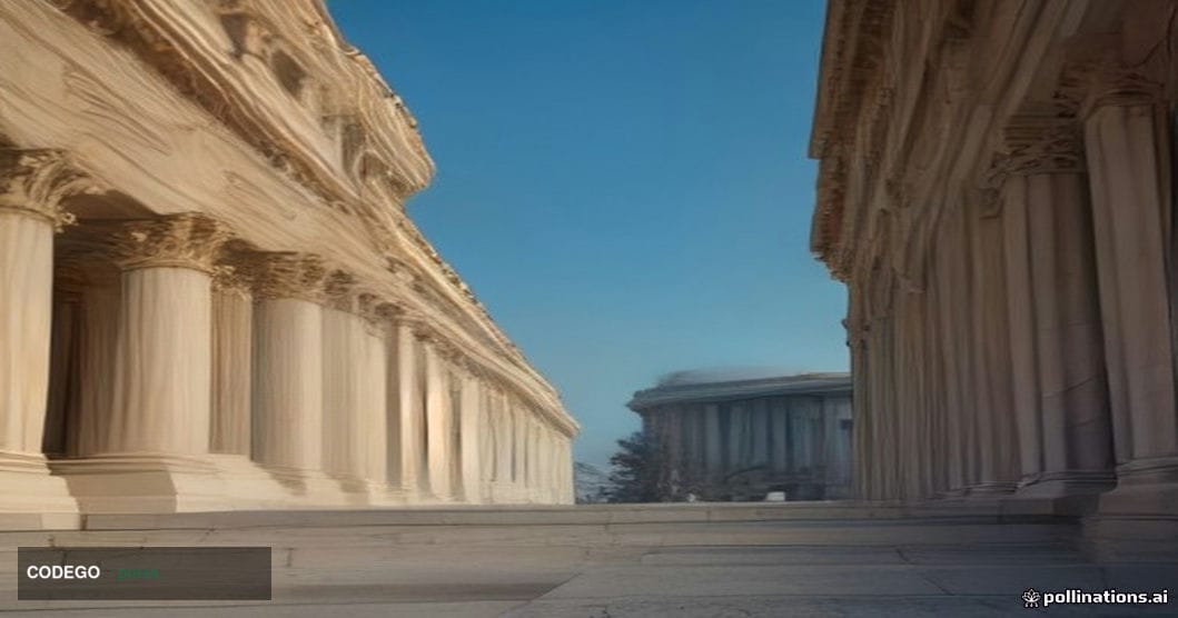 A cinematic editorial photograph shot from a low angle looking up at a grand neoclassical federal banking building façade in 