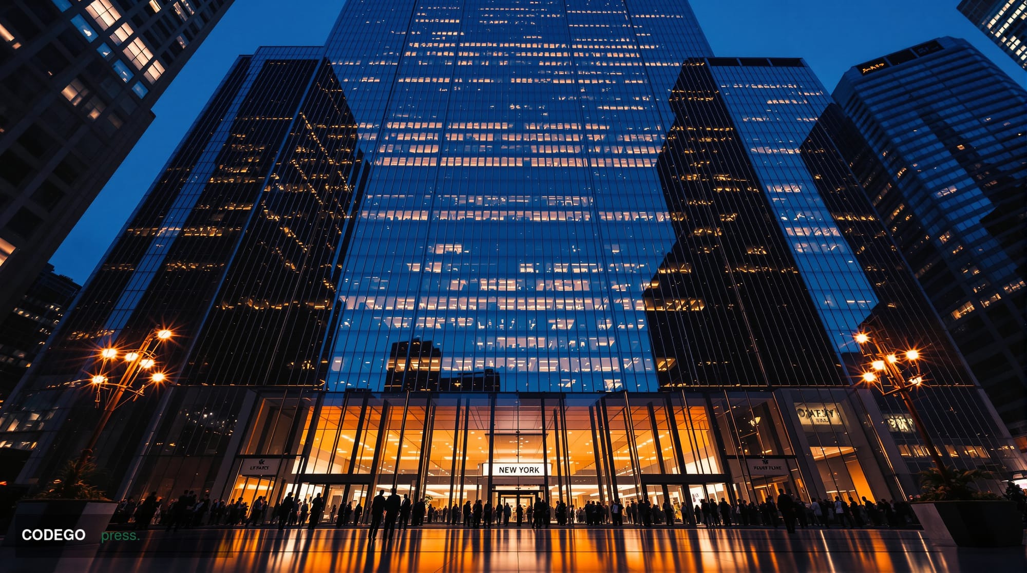 A cinematic editorial photograph taken from a low angle looking upward at the glass-and-steel facade of a major New York fina