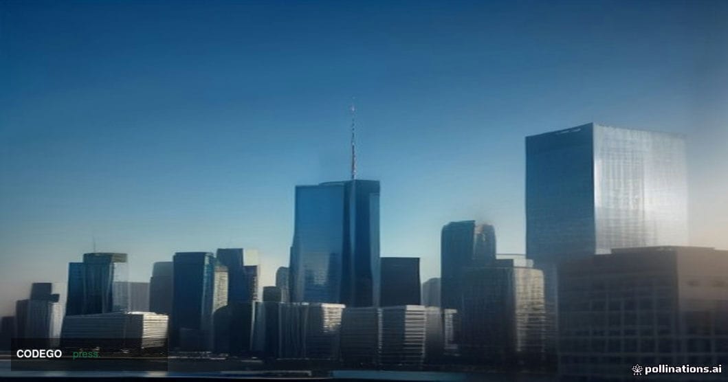 A dramatic split-composition editorial photograph taken from a low camera angle, framing two iconic financial district skylin