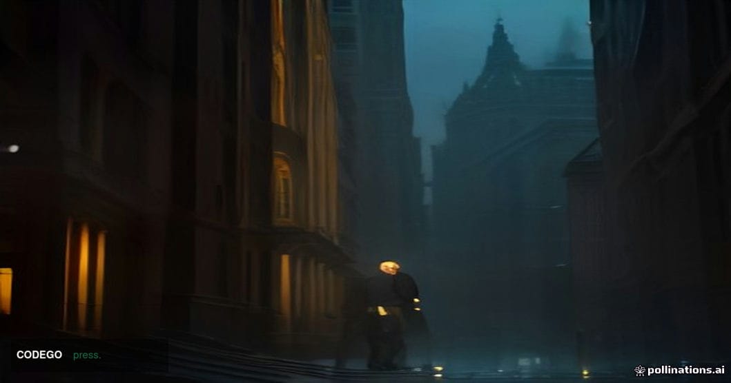 A cinematic editorial photograph of a grand neoclassical financial district street scene at dusk, shot from a low angle looki