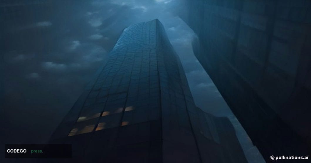 A cinematic editorial photograph shot from a low angle looking up at the sleek glass and steel exterior of a modern San Franc