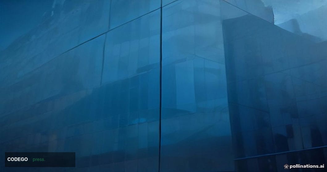 A cinematic editorial photograph of a monumental glass-and-steel cryptocurrency exchange headquarters at dusk, shot from a lo