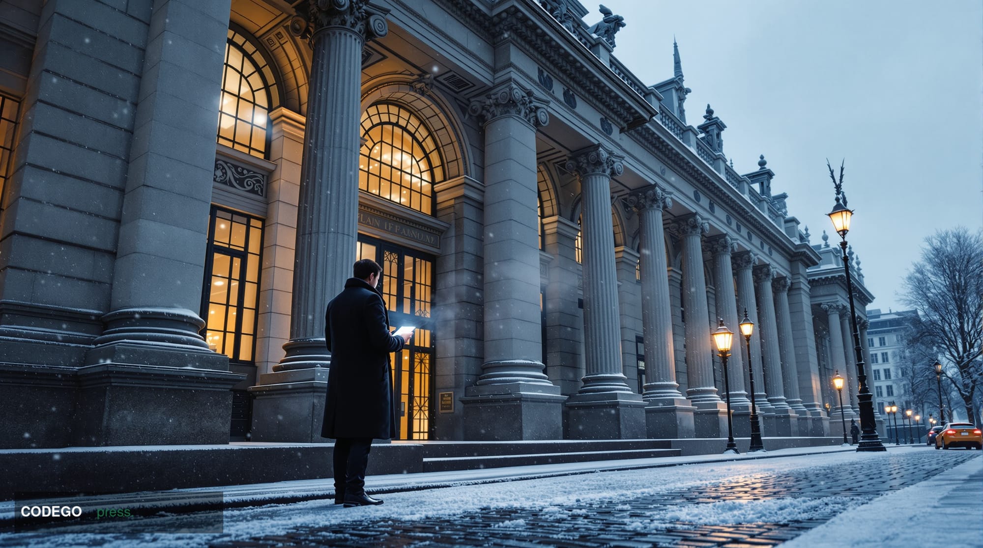 A dramatic cinematic editorial photograph set in Moscow's financial district, with the imposing neoclassical stone facade of 