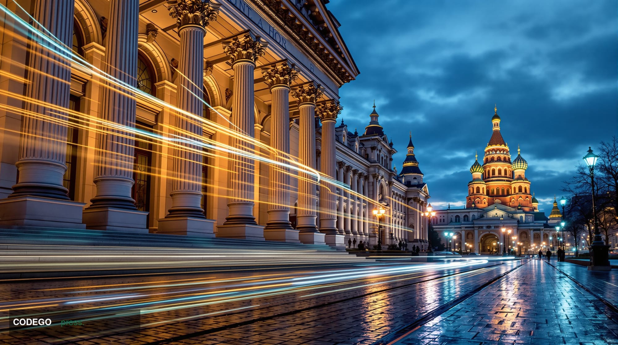 A dramatic wide-angle exterior shot of the distinctive neoclassical facade of the Bank of Russia headquarters in Moscow at du
