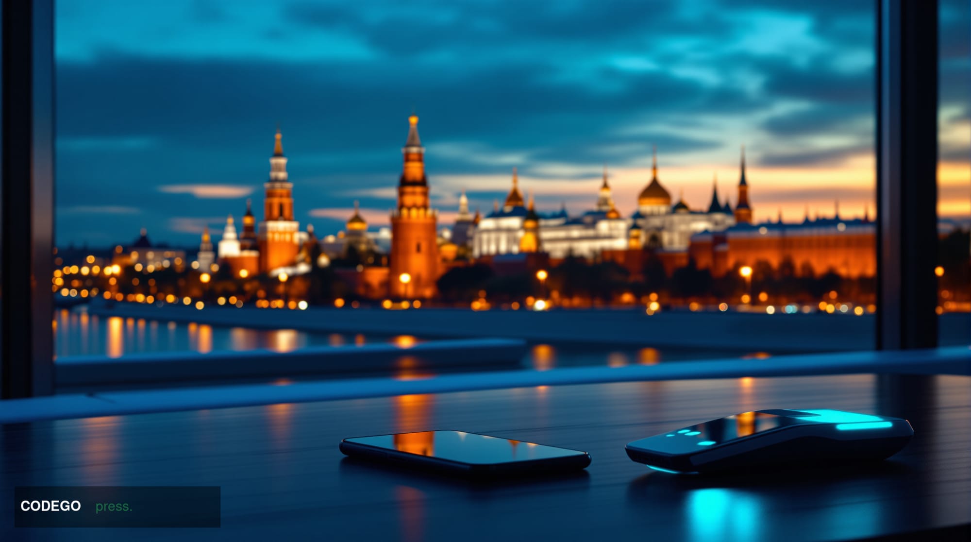 A photorealistic editorial photograph set in Moscow at dusk, framing the iconic red-brick towers and golden domes of the Krem