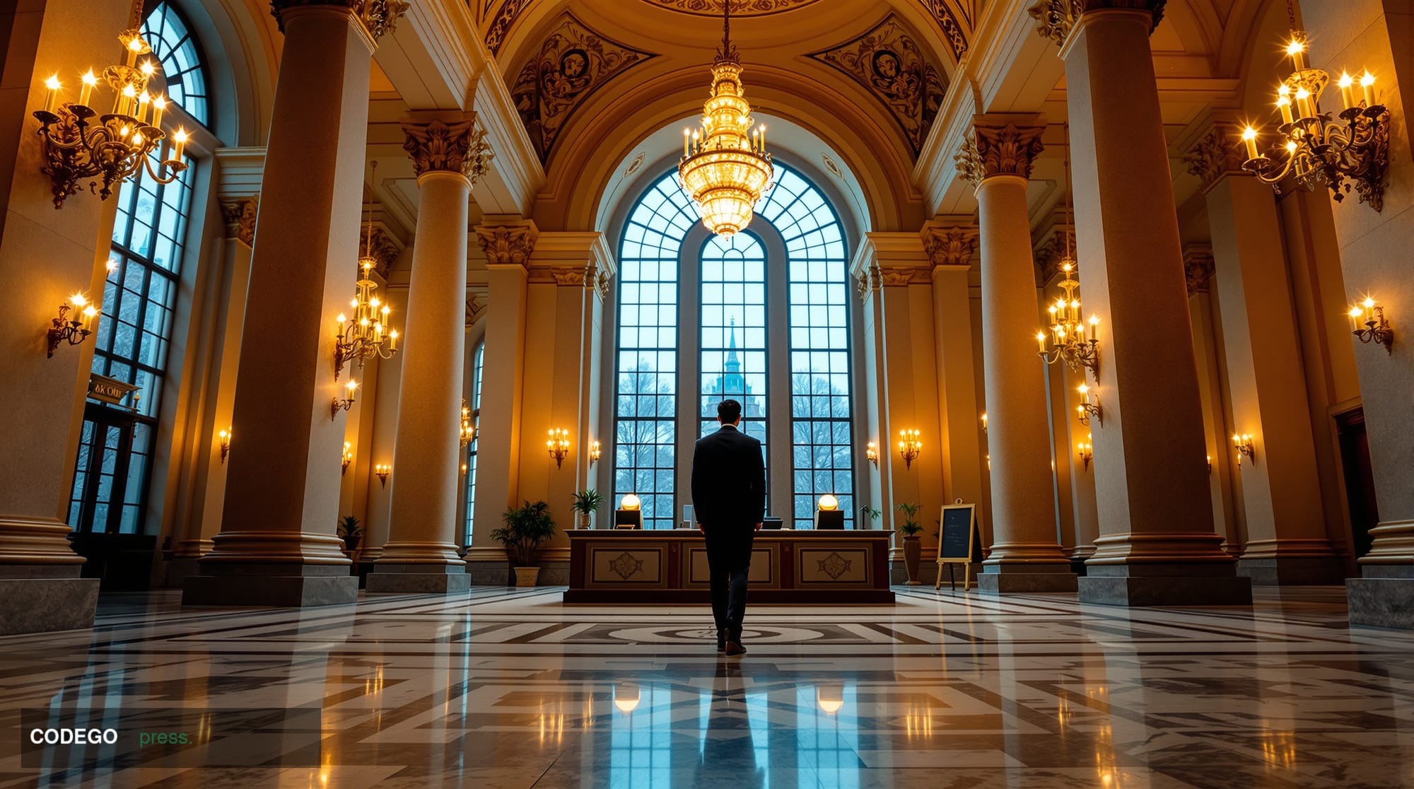 A dramatic cinematic editorial photograph of a grand Soviet-era neoclassical banking hall in Moscow, photographed from a low 