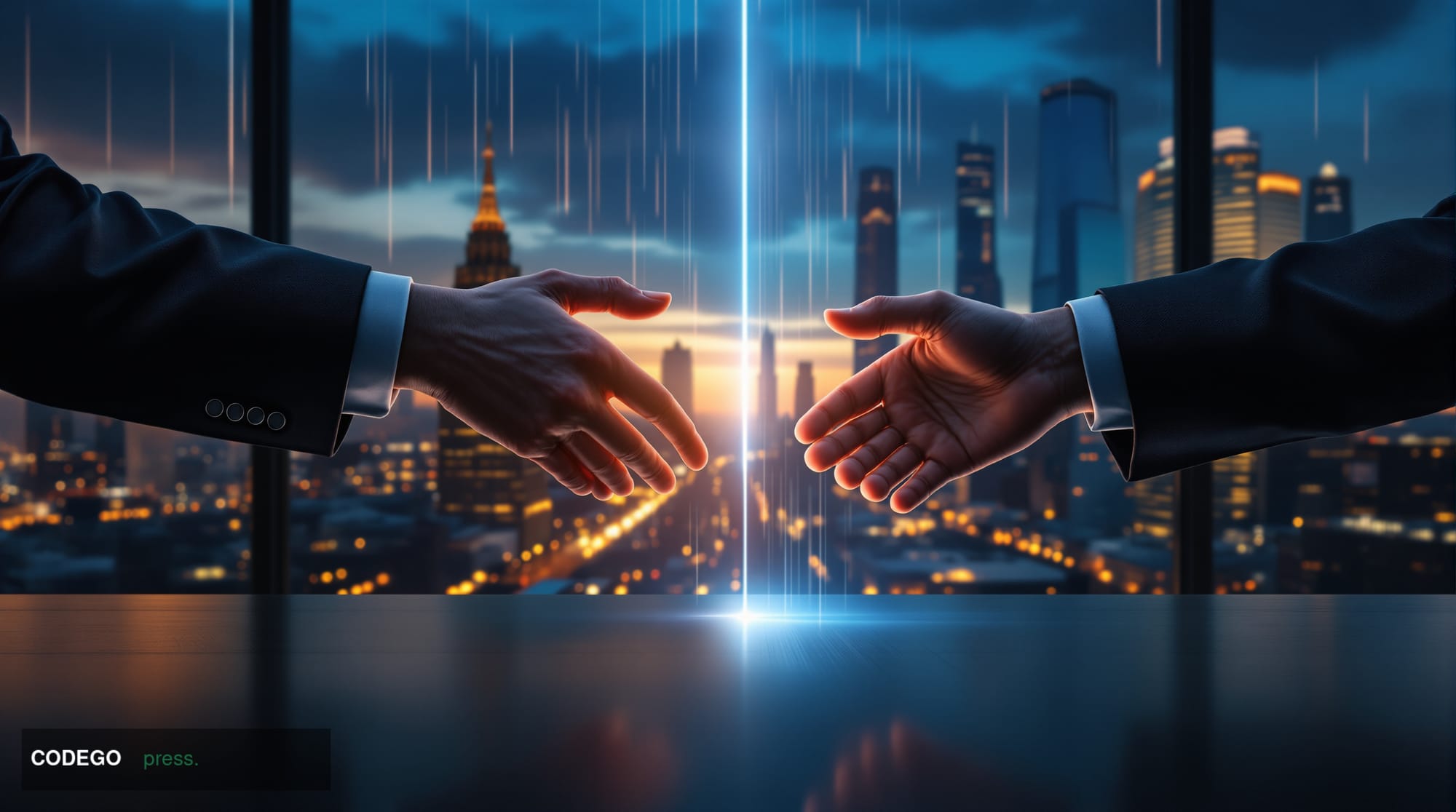 A cinematic editorial photograph set in Moscow's financial district at dusk, featuring the silhouette of the iconic glass and