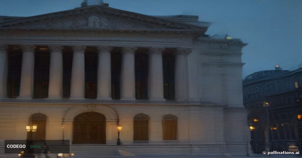 A cinematic editorial photograph capturing a grand neoclassical Russian central bank building at twilight, its imposing stone