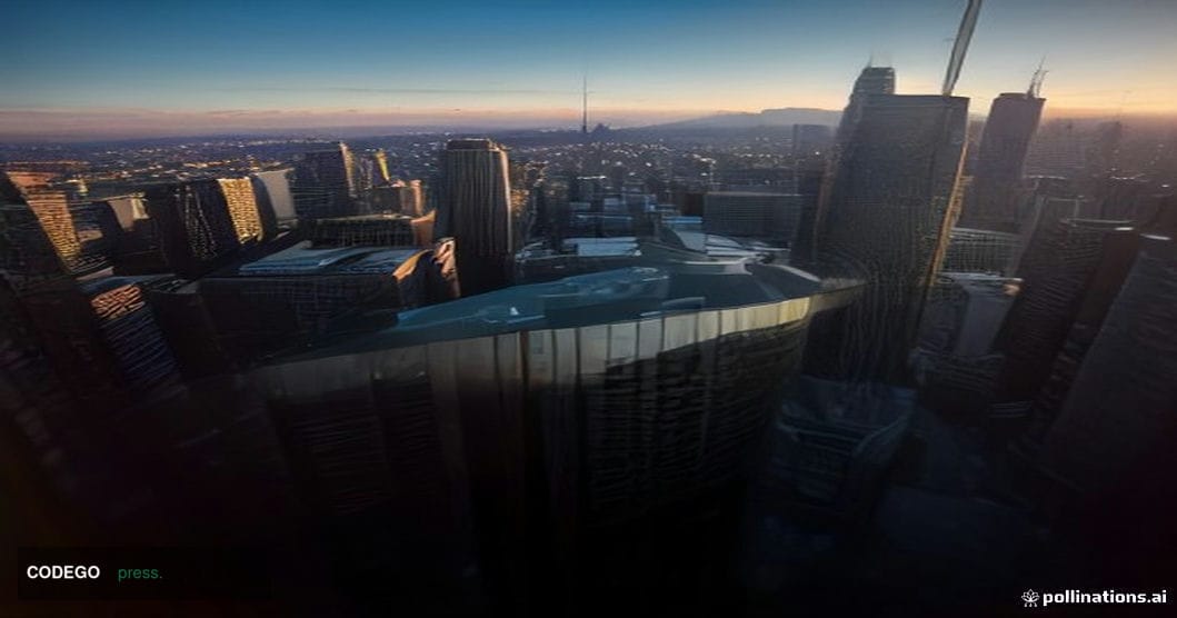 A sweeping cinematic aerial shot looking down at a glass-and-steel corporate campus in San Francisco's Mission District at go