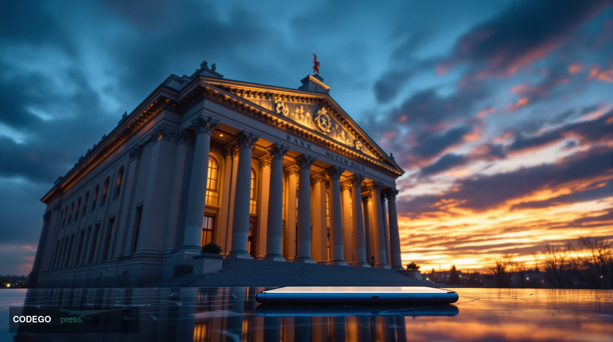 A dramatic cinematic editorial photograph of a monumental Soviet-era neoclassical bank building in Moscow, its massive stone 
