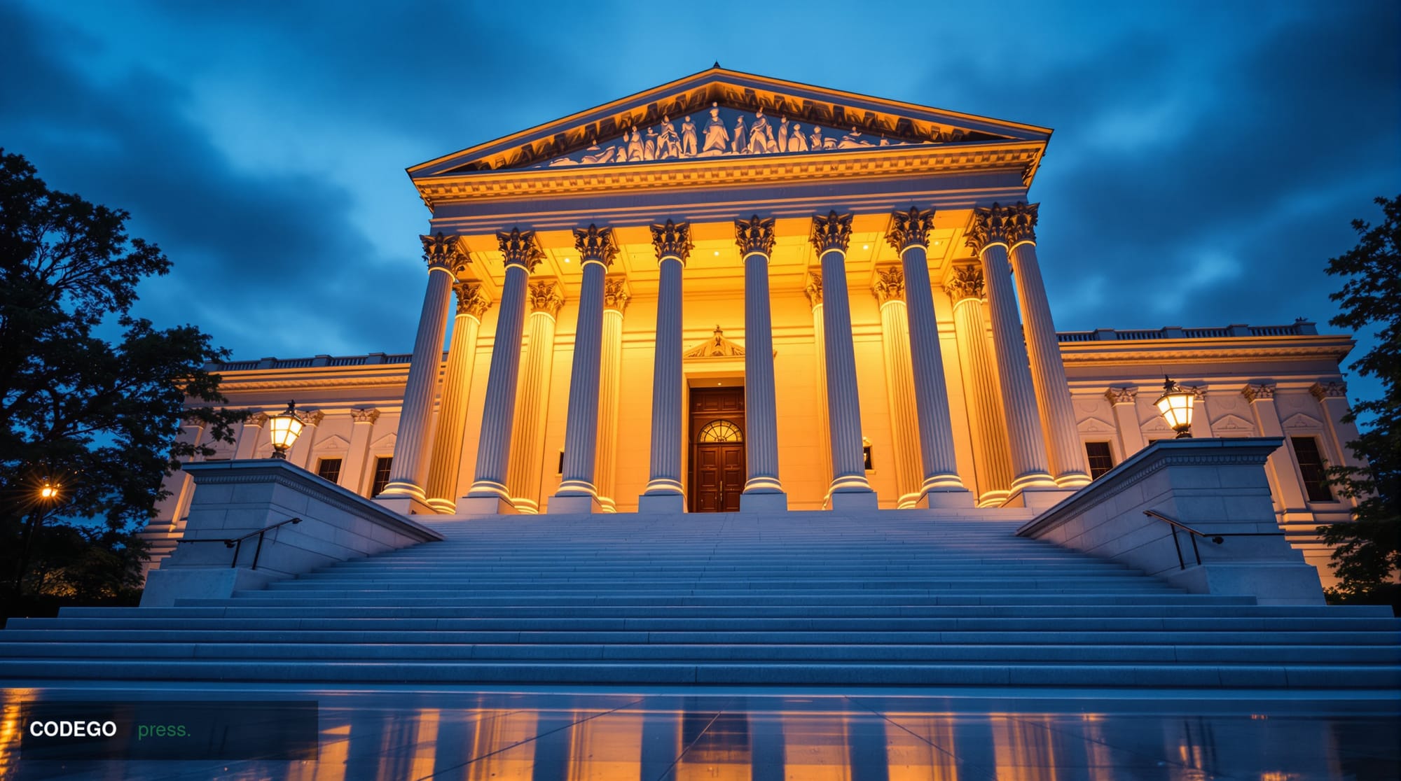 A cinematic editorial photograph of the United States Supreme Court building in Washington D.C., captured at dawn with dramat