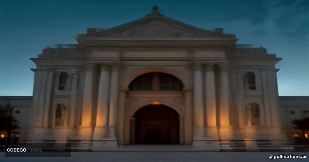 A dramatic cinematic editorial photograph depicting a monumental government bank building — an imposing stone and glass struc