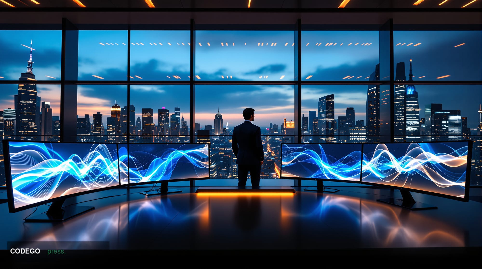 A sleek, modern brokerage trading floor environment photographed from a low, wide-angle perspective looking up toward floor-t