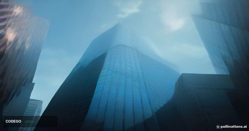 A cinematic editorial photograph shot from a low-angle perspective looking up at a sleek modern bank branch facade of glass a