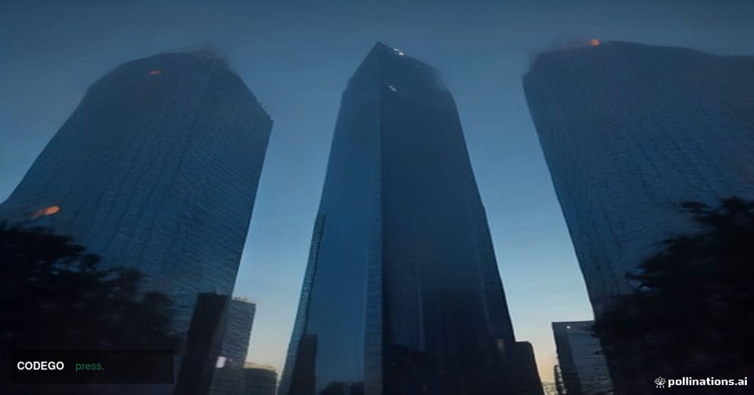 A dramatic low-angle cinematic shot of a sleek, modern glass-and-steel corporate tower in Singapore's central business distri