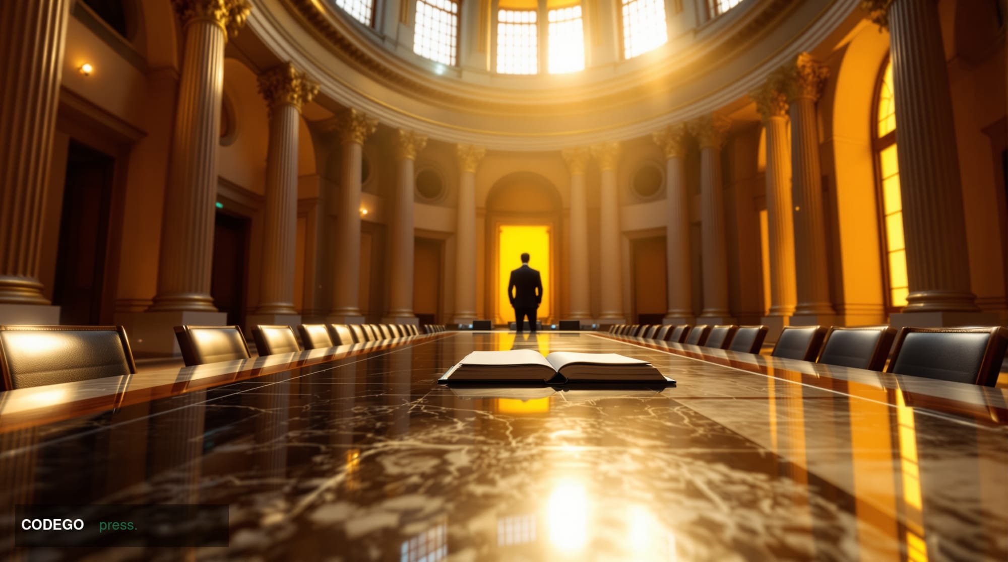 A dramatic cinematic editorial photograph set inside a grand neoclassical Washington D.C. government building interior, shot 