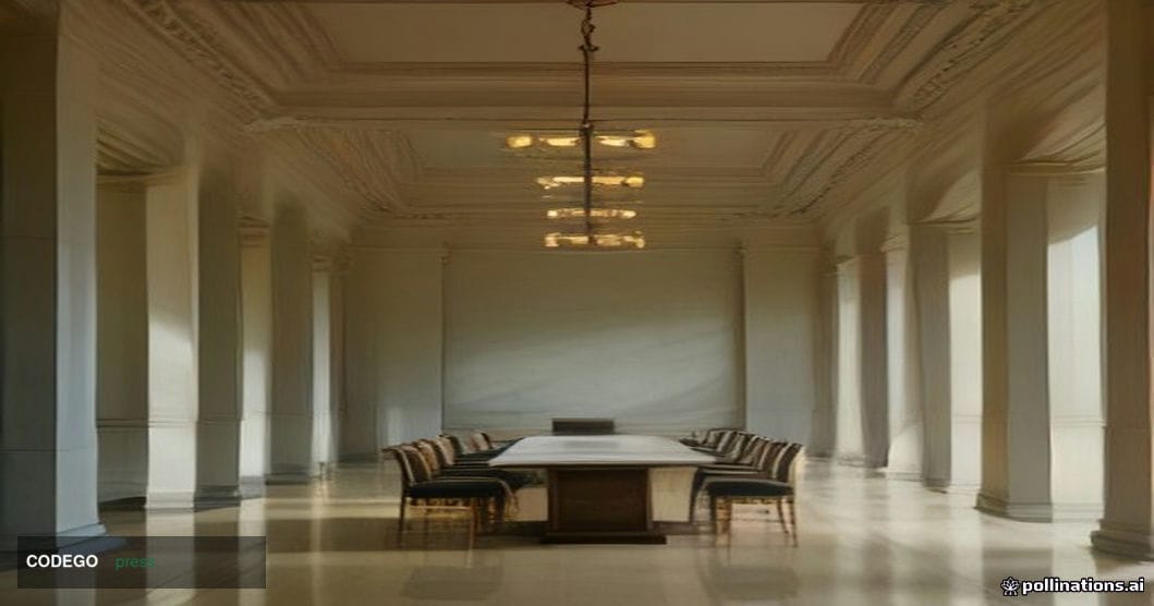 A cinematic editorial photograph set inside a grand neoclassical financial regulatory building interior — marble columns and 