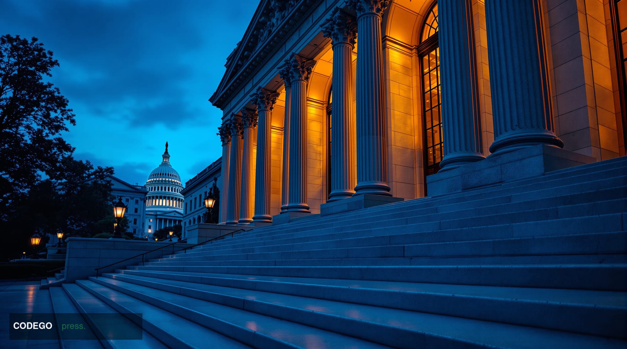 A dramatic wide-angle shot of the exterior of the SEC's Washington D.C. headquarters building at dusk, its neoclassical stone