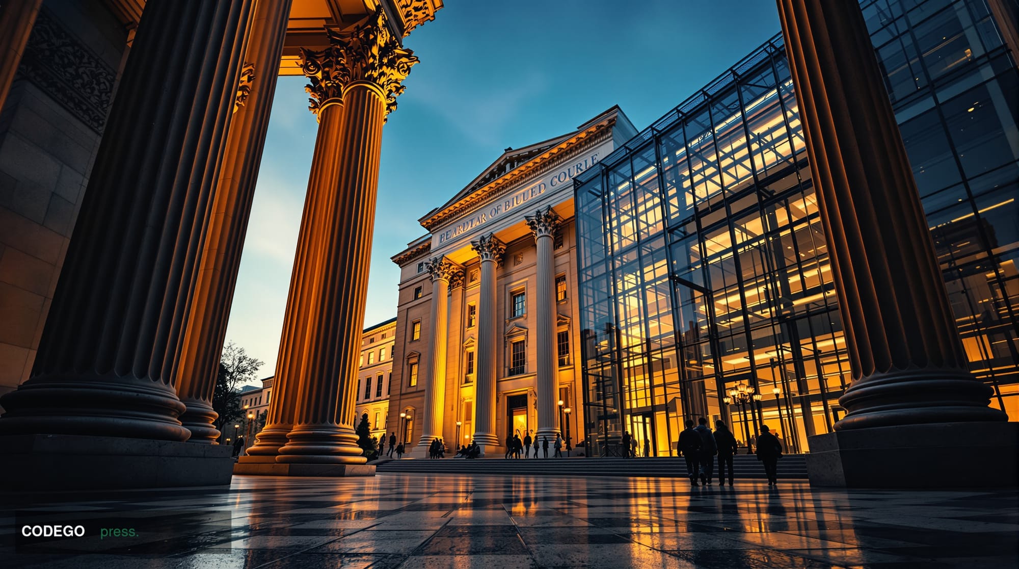 A dramatic cinematic editorial photograph taken from a low angle looking upward at the neoclassical stone columns of a large 