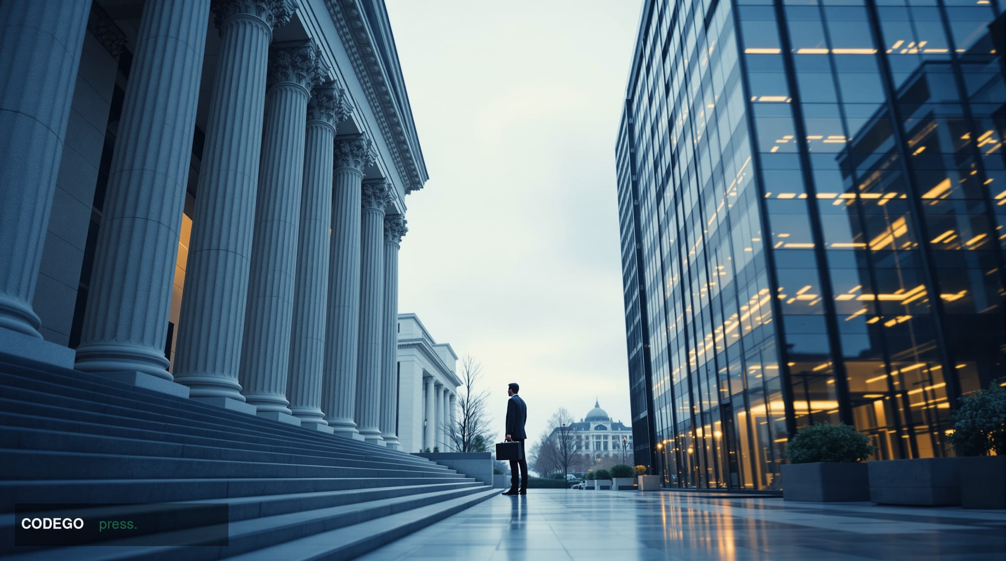 A wide-angle cinematic editorial photograph of the exterior of a modern Washington D.C. federal building — classical stone co