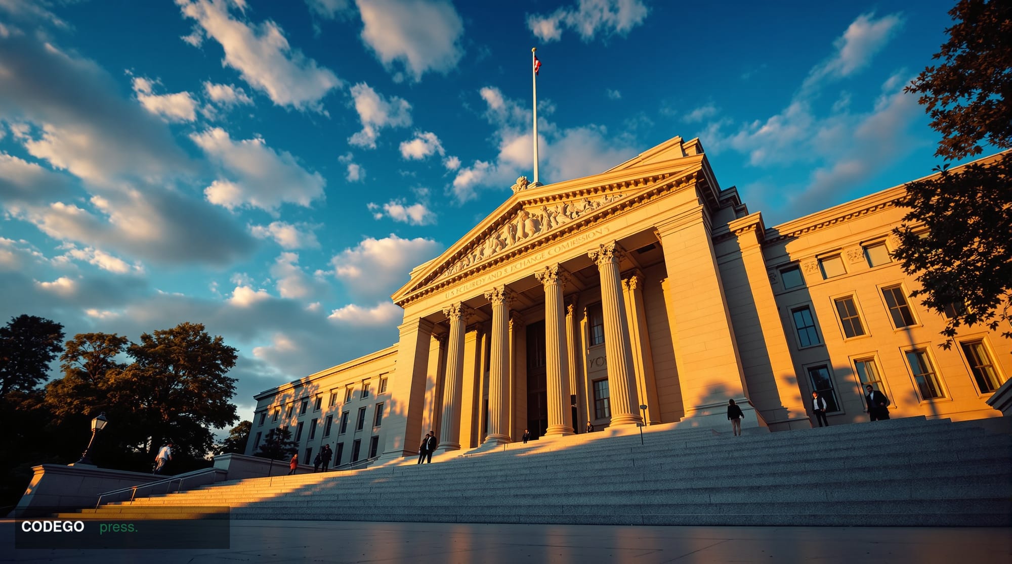 A wide-angle cinematic shot of the exterior of the U.S. Securities and Exchange Commission headquarters in Washington D.C. at
